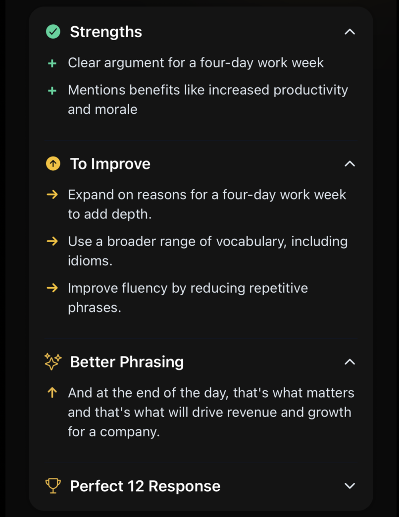 Coaching: strengths, what to improve, better phrasing, Perfect-12 answer