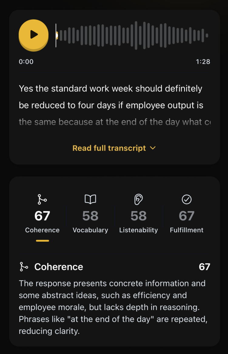 Per-dimension CELPIP scores: coherence, vocabulary, listenability, task fulfillment