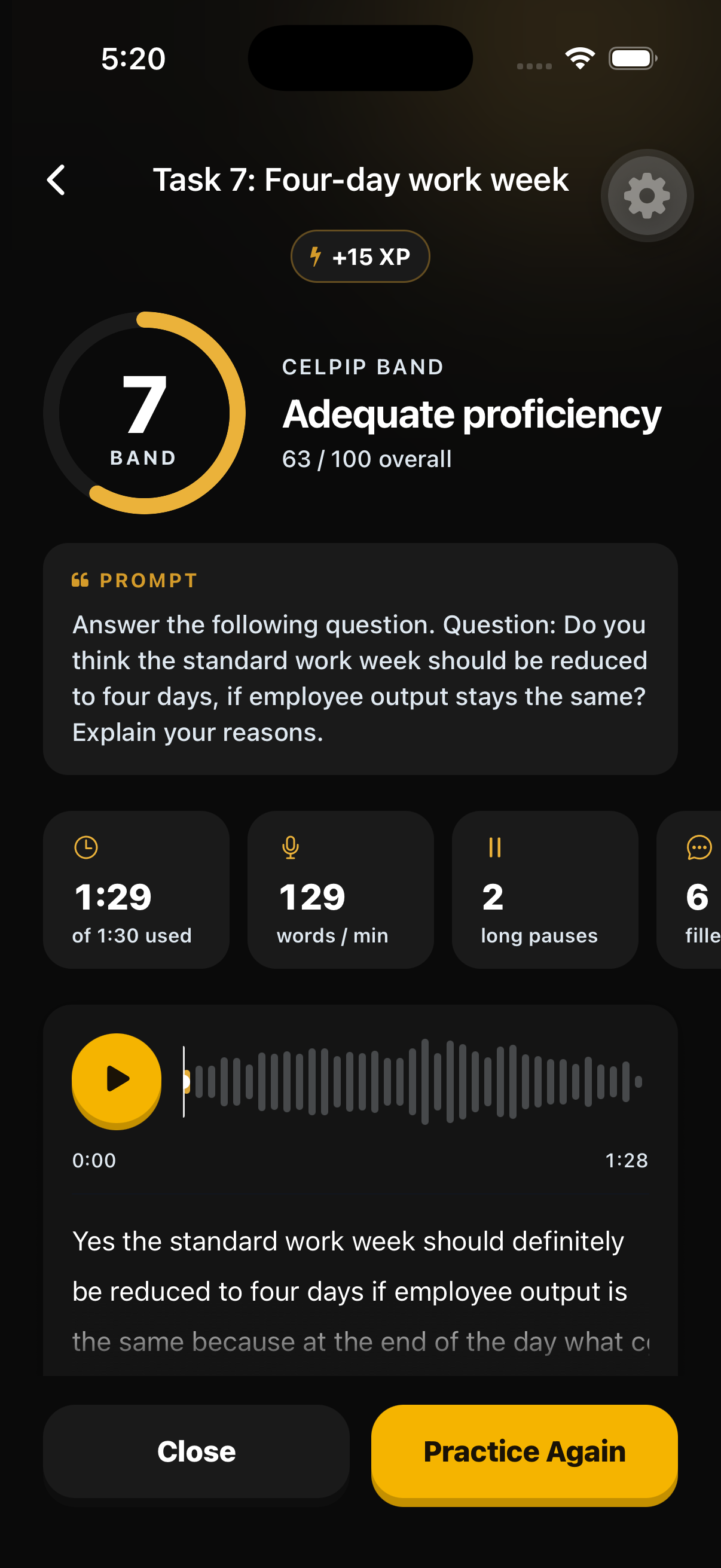 AI feedback with a CELPIP band score and delivery analytics