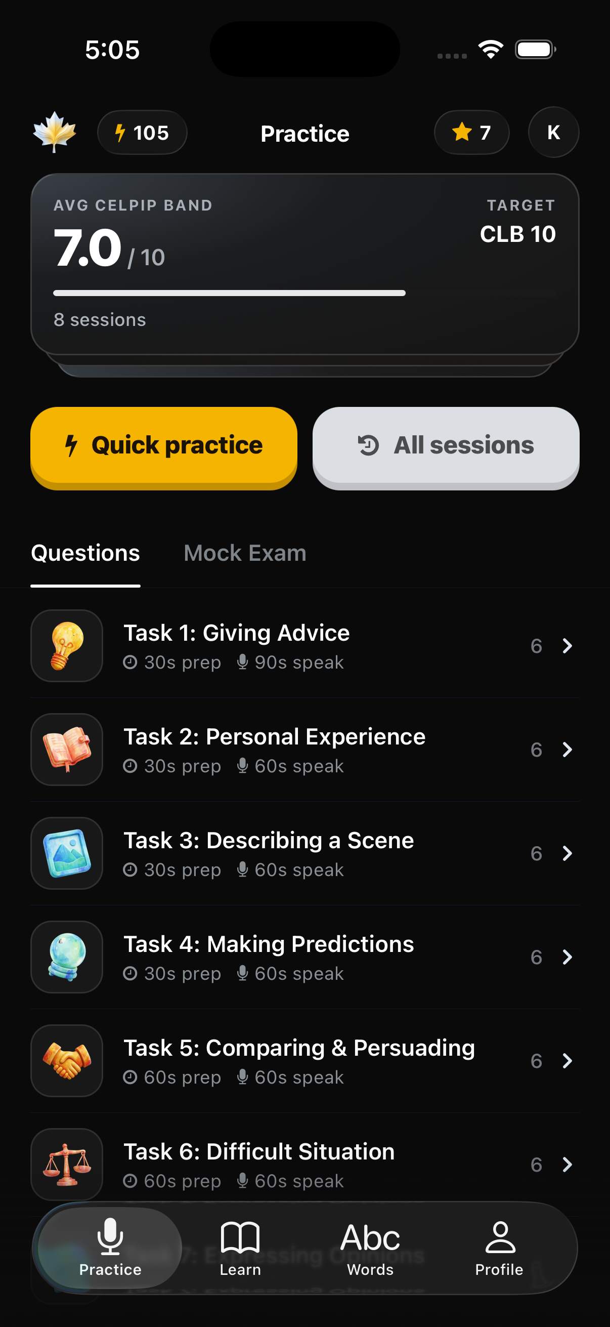 CELPIP Speaking practice screen showing tasks and progress